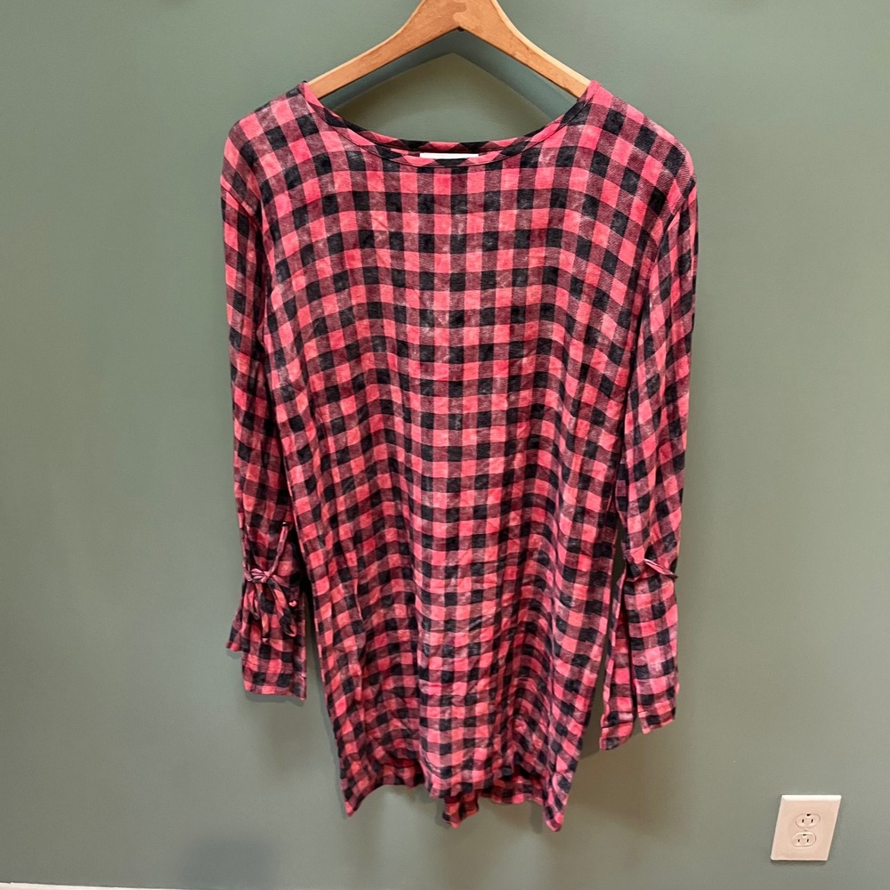 Bella Dahl Pink Black Buffalo Plaid Tie Sleeve Tunic Dress XS‎